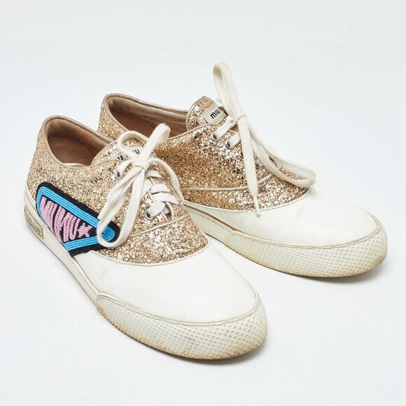 Miu Miu White/gold Leather And Glitter Low Top Sneakers Size 41